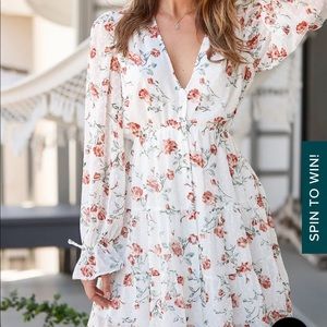 Lulu’s Fleur-ty Girl Ivory Floral Print Long Sleeve Babydoll Dress